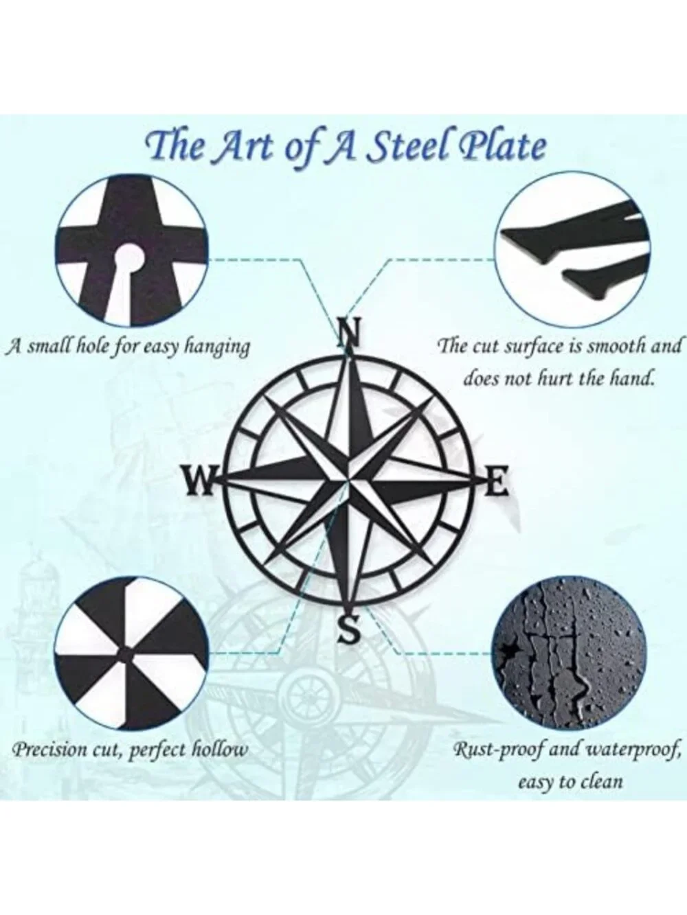 Nautical Compass Wall Decor - Black Metal Indoor/Outdoor Art for Beach Vibes
